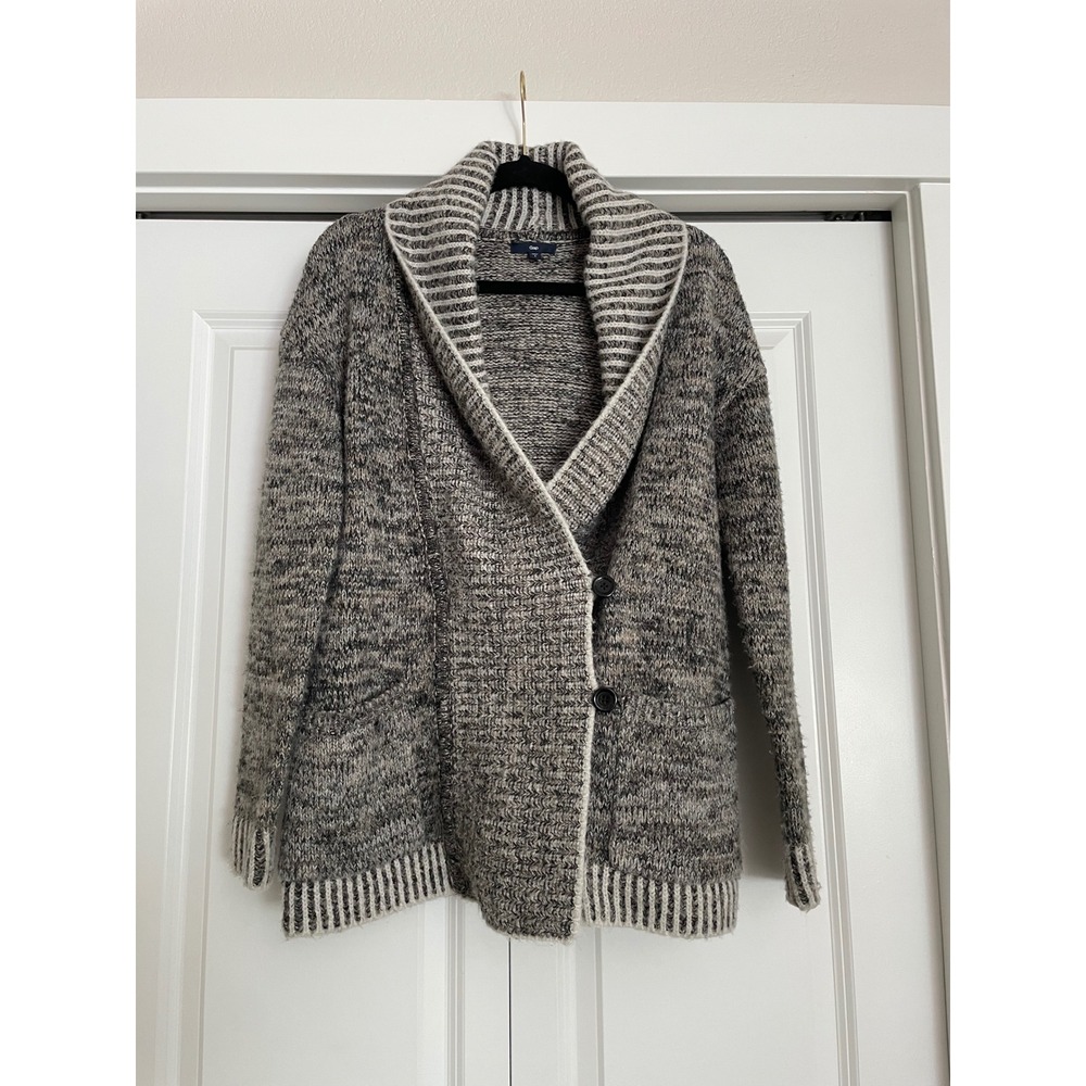 Gap Cardigan Shawl Collar Marled Knit Chunky Button Front Grey Cream Sweater-S